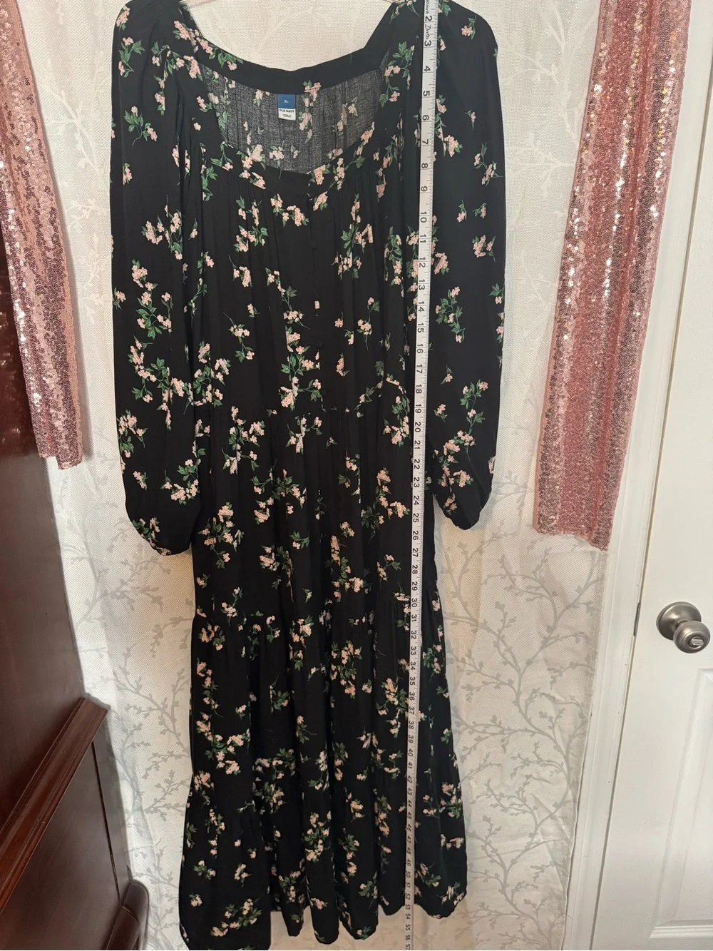 Old Navy Black Maxi Skirt with Pink Floral Print